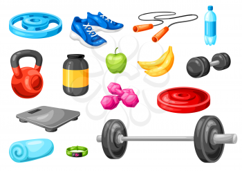 Set of fitness equipment. Sport bodybuilding items illustrations. Healthy lifestyle objects.
