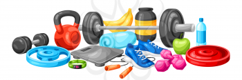 Background with fitness equipment. Sport bodybuilding items illustration. Healthy lifestyle concept.