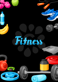 Frame with fitness equipment. Sport bodybuilding items illustration. Healthy lifestyle concept.