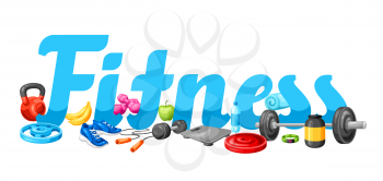 Background with fitness equipment. Sport bodybuilding items illustration. Healthy lifestyle concept.