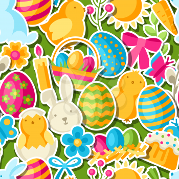 Happy Easter seamless pattern with holiday stickers. Decorative symbols and objects, eggs, bunnies.