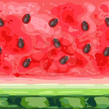 Seamless pattern of slice ripe watermelon with seeds. Summer fruit decorative illustration.