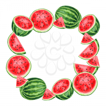 Frame with watermelons and slices. Summer fruit decorative illustration.