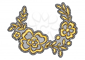 Lace decorative element with gold flowers. Vintage golden embroidery on lacy texture grid.