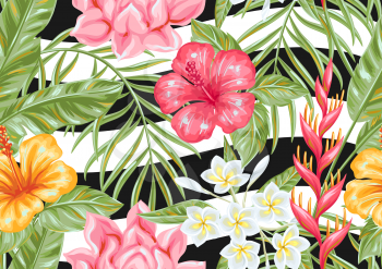 Seamless pattern with tropical flowers and leaves. Decorative exotic foliage, palms and plants.