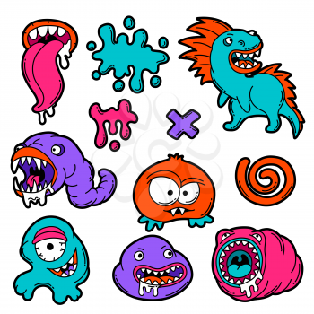 Set of cartoon monsters. Urban colorful teenage creative illustration. Evil creatures in modern comic style.
