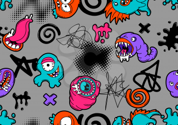 Seamless pattern with cartoon monsters. Urban colorful teenage creative background. Evil creatures in modern comic style.