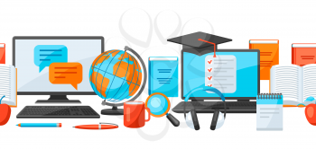 Seamless pattern with online studying at home items. Distance education. Modern technologies using computer and internet.