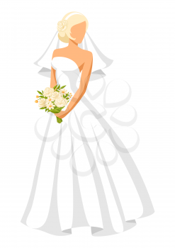 Wedding illustration of beautiful bride. Pretty girl in white dress.