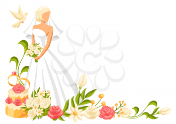 Wedding illustration of beautiful bride. Pretty girl in white dress.