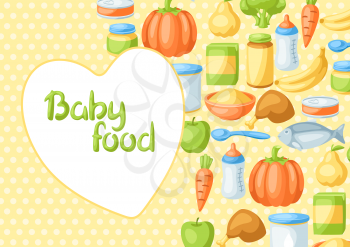 Background with baby food items. Healthy child feeding.