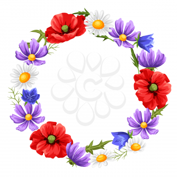 Frame with summer flowers. Beautiful realistic poppies, daisies and bells.