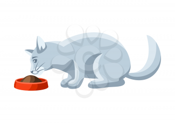 Stylized illustration of eating cat. Image of cute kitten pet.