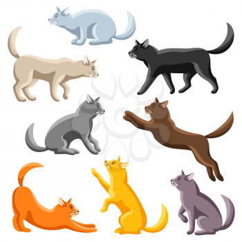 Set of stylized cats in various poses. Cute kitten collection.
