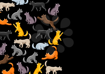 Background with stylized cats in various poses. Cute kitten illustration.