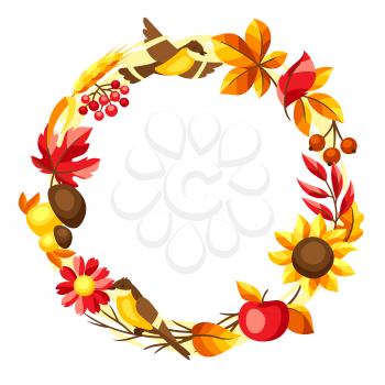 Autumn frame with seasonal leaves and items. Illustration of foliage and flowers.