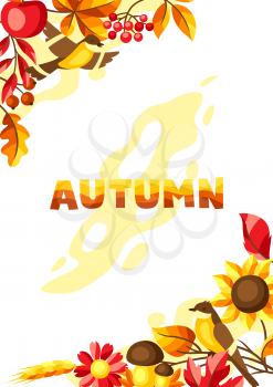 Autumn background with seasonal leaves and items. Illustration of foliage and flowers.