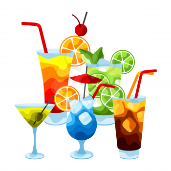 Background with alcohol cocktails. Stylized image of alcoholic beverages and drinks.