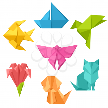 Set of origami toys. Folded colored paper objects.