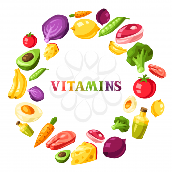 Vitamin food sources frame. Healthy eating and healthcare concept.