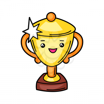 Kawaii illustration of gold trophy cup. Cute funny sport characters.