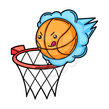 Kawaii illustration of basketball basket and ball. Cute funny sport characters.