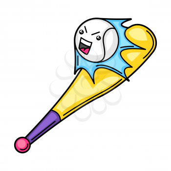Kawaii illustration of baseball bat and ball. Cute funny sport characters.