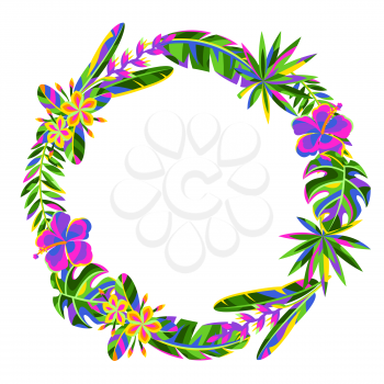 Decorative element with tropical flowers and palm leaves. Summer exotic floral frame.