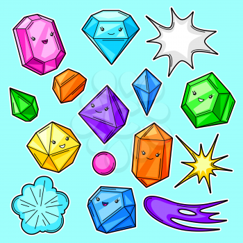 Set of cute kawaii crystals or gems. Jewel stones funny characters.