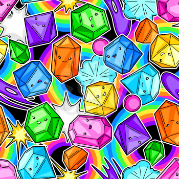 Seamless pattern with cute kawaii crystals or gems. Jewel stones funny characters.