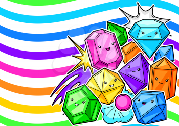 Background with cute kawaii crystals or gems. Jewel stones funny characters.
