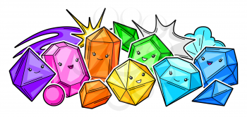 Background with cute kawaii crystals or gems. Jewel stones funny characters.