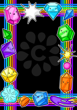 Frame with cute kawaii crystals or gems. Jewel stones funny characters.