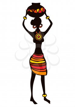 Illustration of stylized African woman. Girl in tribal national clothes holding jug on head.