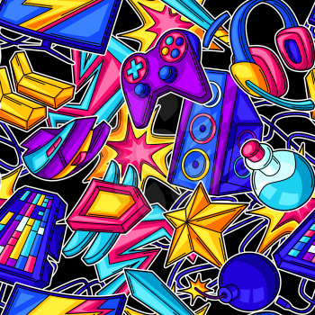 Seamless pattern with gaming items. Cyber sports, computer games, fun recreation. Teenage creative background. Trendy symbols in modern cartoon style.