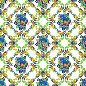 Mexican talavera seamless pattern with tropical peacocks. Traditional decorative objects.Traditional decorative objects. Ethnic folk ornament. Decoration with ornamental flowers.