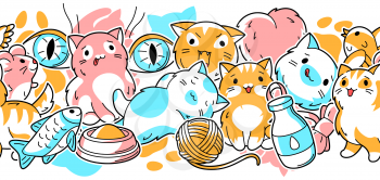 Seamless pattern with cute kawaii cats. Fun animal background. Cartoon stylized items.