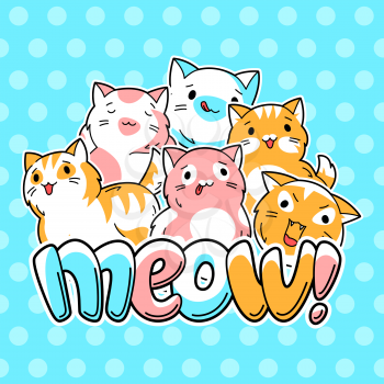 Background with cute kawaii cats. Fun animal illustration. Cartoon stylized characters.