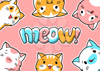 Background with cute kawaii cats. Fun animal illustration. Cartoon stylized characters.
