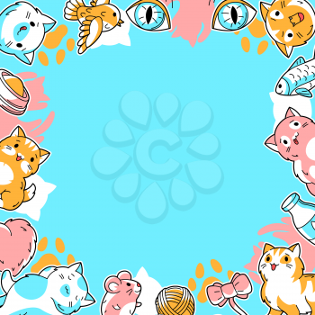 Background with cute kawaii cats. Fun animal illustration. Cartoon stylized items.
