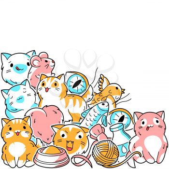 Background with cute kawaii cats. Fun animal illustration. Cartoon stylized items.