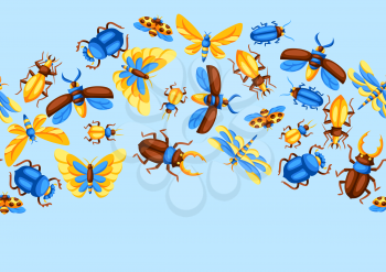 Seamless pattern with insects. Stylized decorative butterflies, beetles and dragonflies.