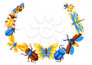 Frame with insects. Stylized decorative butterflies, beetles and dragonflies.