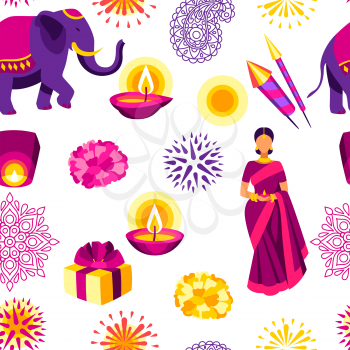 Happy Diwali seamless pattern. Deepavali or dipavali festival of lights. Indian Holiday background with traditional symbols.