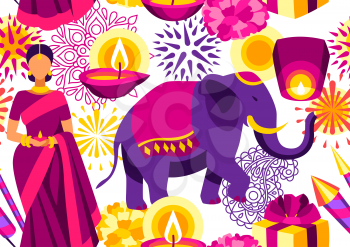 Happy Diwali seamless pattern. Deepavali or dipavali festival of lights. Indian Holiday background with traditional symbols.