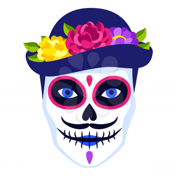Traditional Mexican head skull. Dia de los muertos. Day of the Dead symbol with hat and flowers.