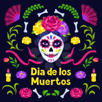 Day of the Dead greeting card. Dia de los muertos. Mexican celebration. Holiday background with traditional symbols.