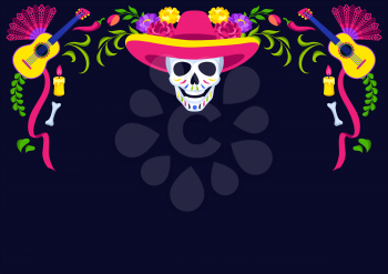 Day of the Dead decorative frame. Dia de los muertos. Mexican celebration. Holiday background with traditional symbols.
