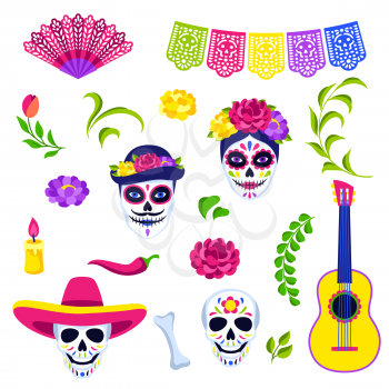 Day of the Dead symbols collection. Dia de los muertos. Mexican celebration. Holiday traditional items.