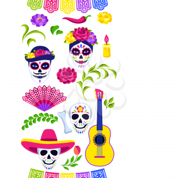 Day of the Dead seamless pattern. Dia de los muertos. Mexican celebration. Holiday background with traditional symbols.
